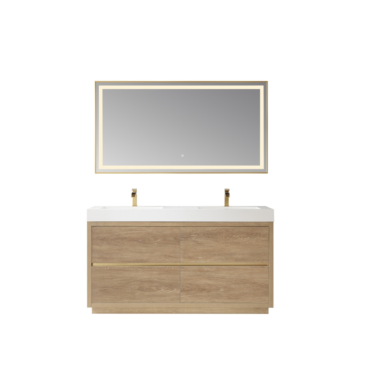 V 703060M-NO-WH 60M in. Huesca Double Sink Bathroom Vanity, North American Oak with White Composite Integral Square Sink Top & Mirror -  INNOVA