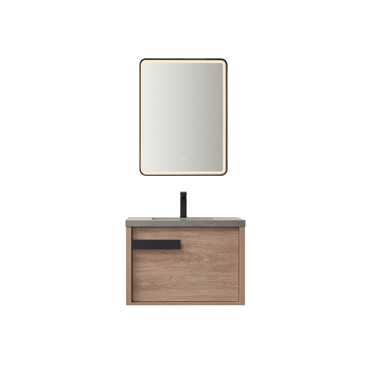 30 in. Carcastillo Single Sink Bathroom Vanity, North American Oak with Grey Sintered Stone Top & Mirror