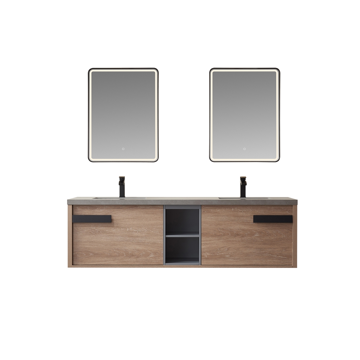 72 in. Carcastillo Double Sink Bathroom Vanity, North American Oak with Grey Sintered Stone Top & Mirror