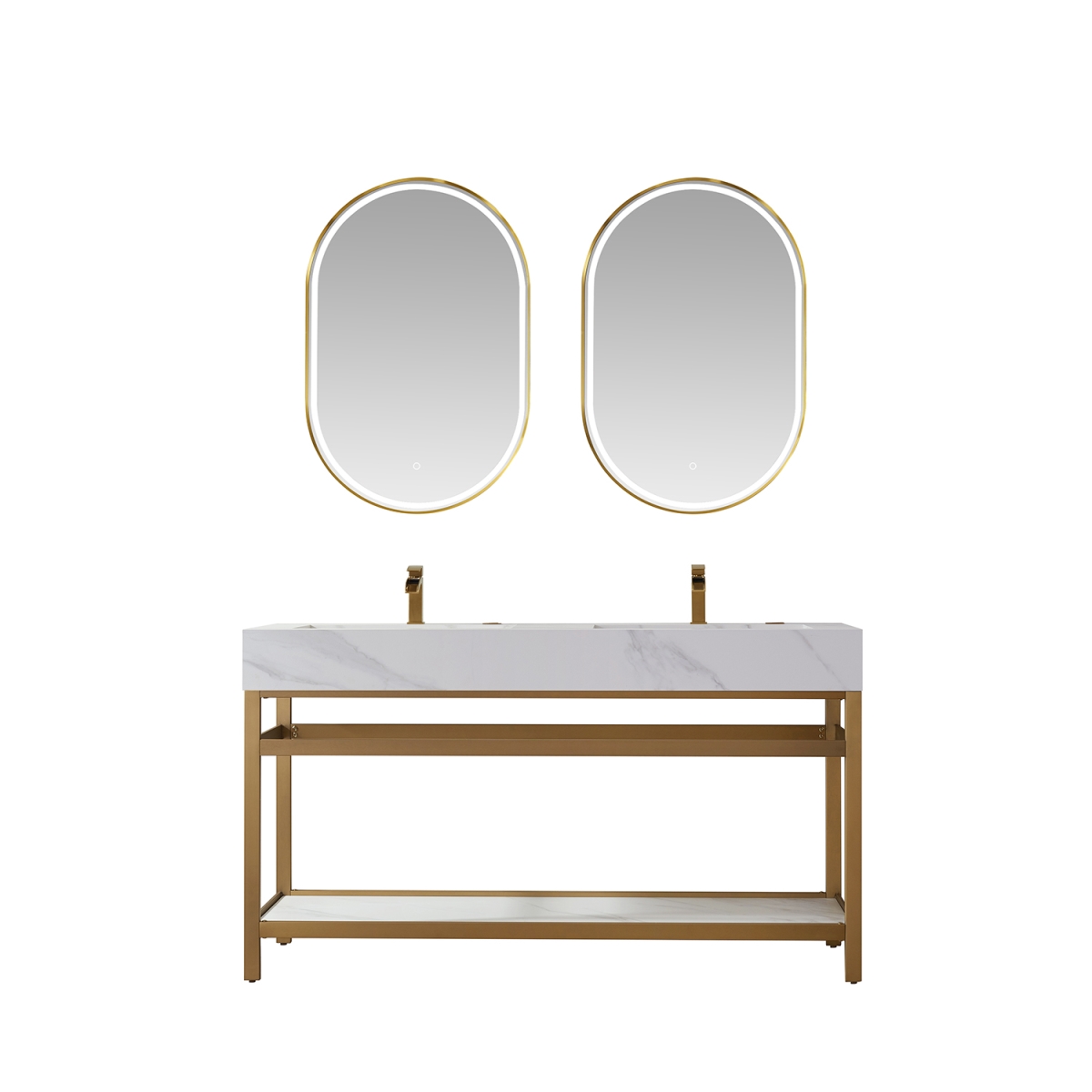 60 in. Bilbao Bathroom Vanity with Brushed-Gold Stainless Steel Bracket Match with Snow Mountain-White Stone Countertop with Mirror