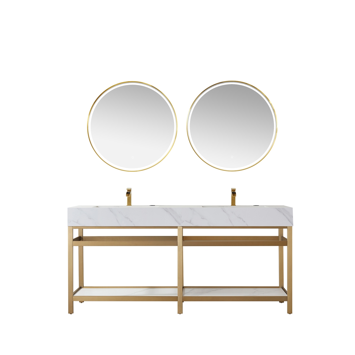 72 in. Bilbao Bathroom Vanity with Brushed-Gold Stainless Steel Bracket Match with Snow Mountain-White Stone Countertop with Mirror