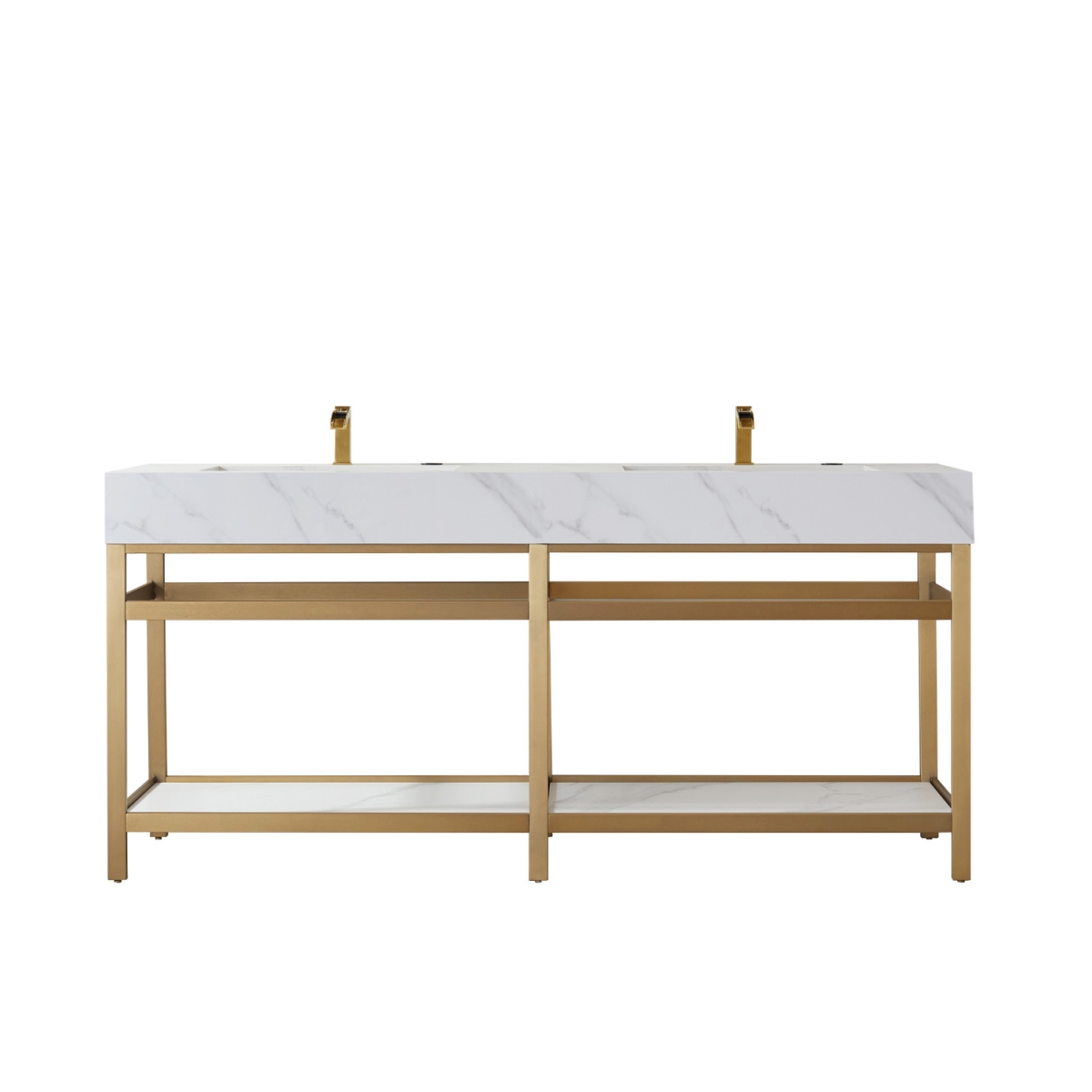 72 in. Bilbao Bathroom Vanity with Brushed-Gold Stainless Steel Bracket Match with Snow Mountain-White Stone Countertop without Mirror