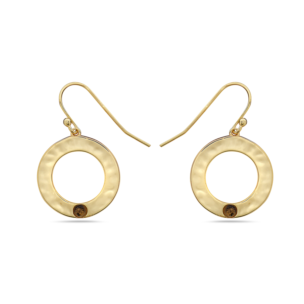 Sterling Silver Circle Earring with Genuine Smokey Stone Gold Plate