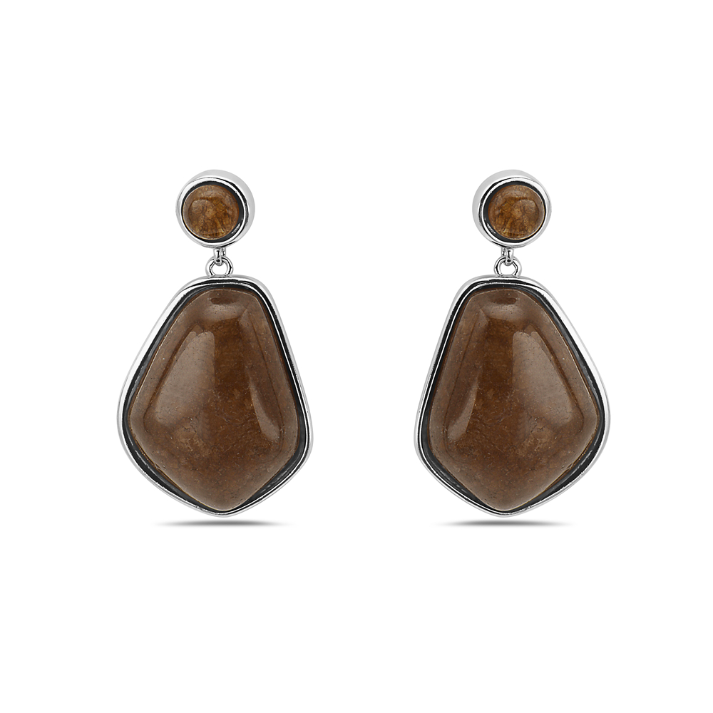 Sterling Silver Brown Agate Irregular Shape Dangle Earring