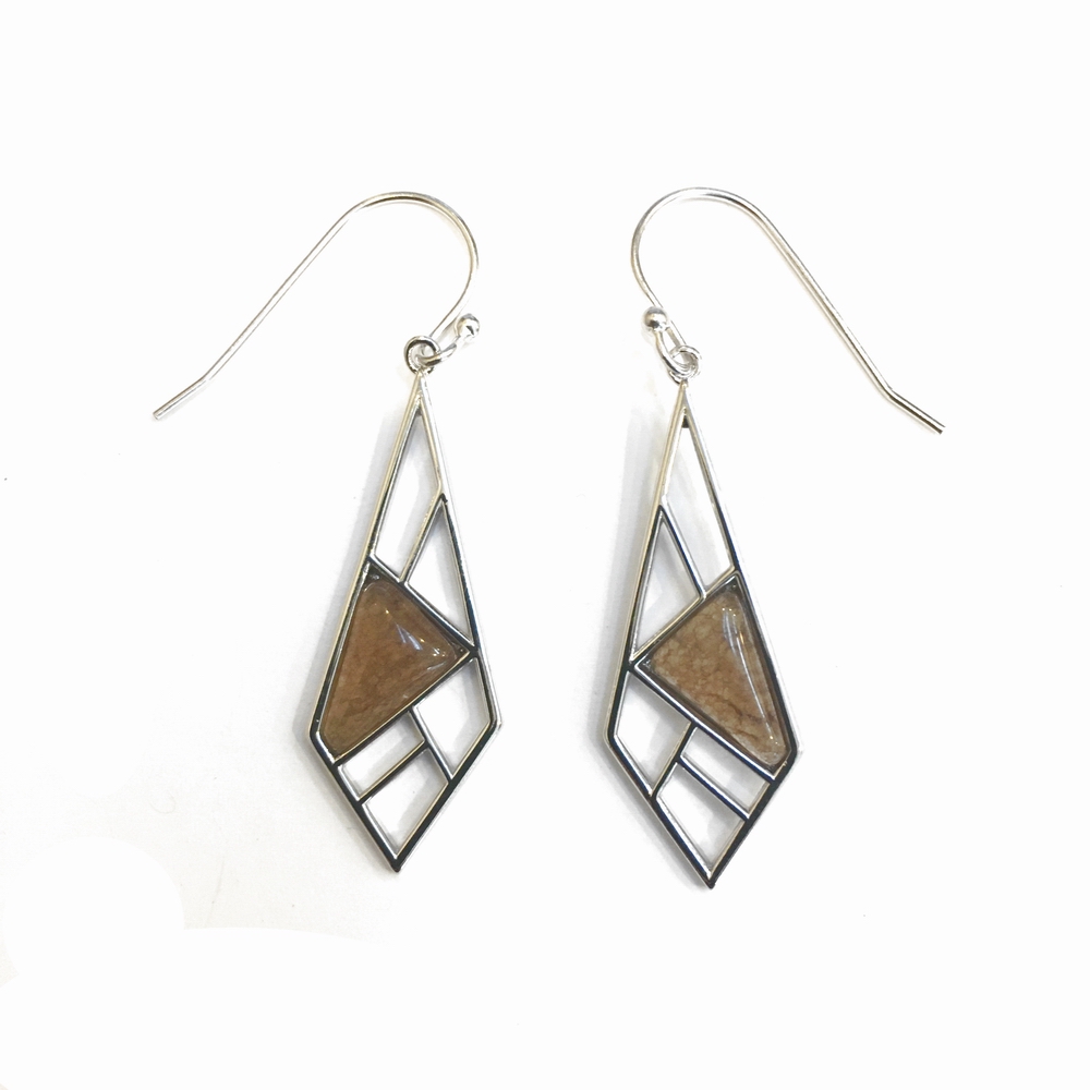 Sterling Silver Kite Shape with Trapzoid Shape Brown Agate Earring