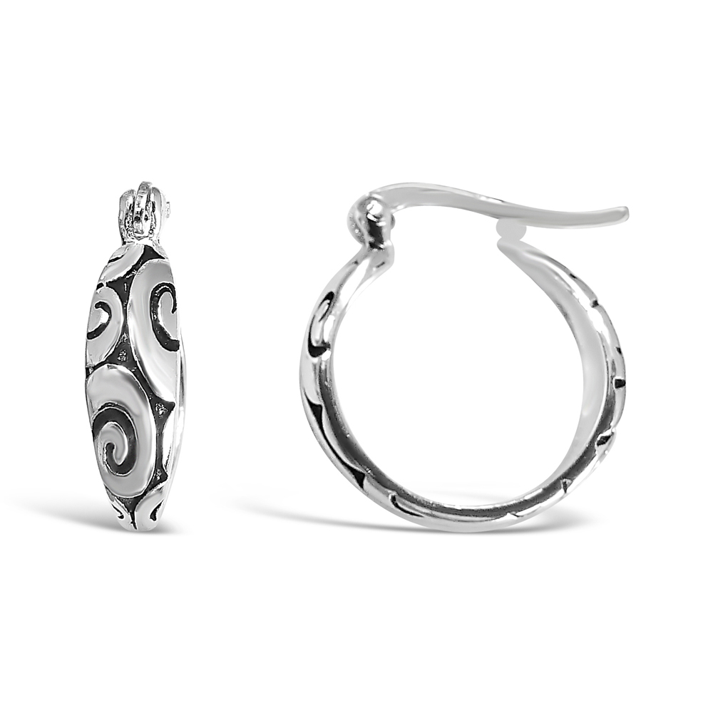 Sterling Silver Oxidized Wavy Pattern Hoop Earring with Latch