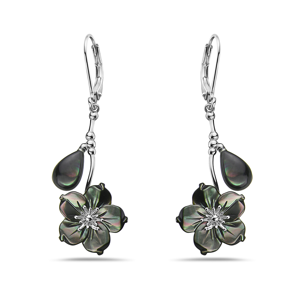 Picture of Vera 2S-7283MBK Sterling Silver Black Mothe rof Pearl Flower Drop Earring