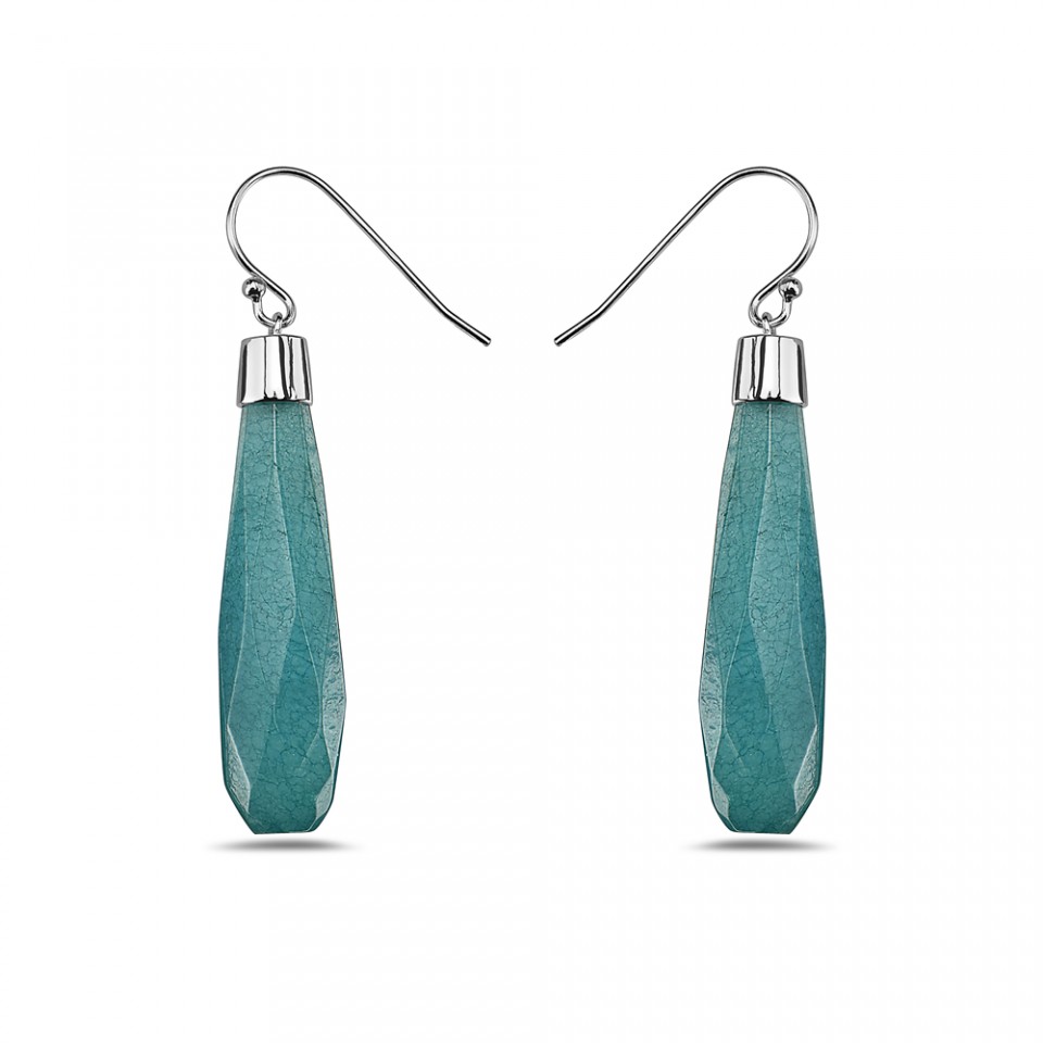 2S-7271BWJ Sterling Silver Long Teardrop Blue Agate Earring