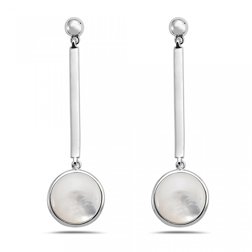 2S-7346M Sterling Silver Linear Round Mother of Pearl Drop Earring