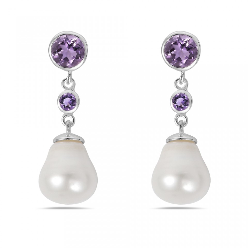 2S-7465AFP Sterling Silver Amethyst & Freshwater Pearl Dangle Earring