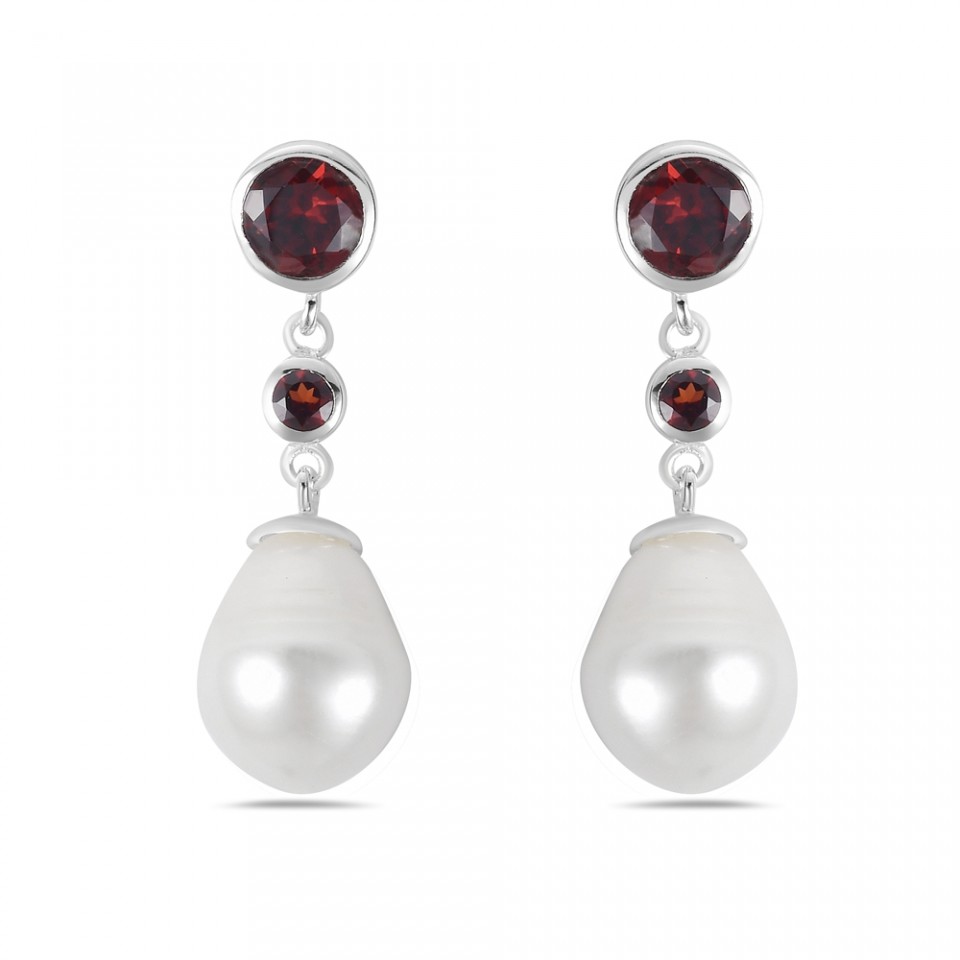 2S-7465GFP Sterling Silver Garnet & Freshwater Pearl Dangle Earring