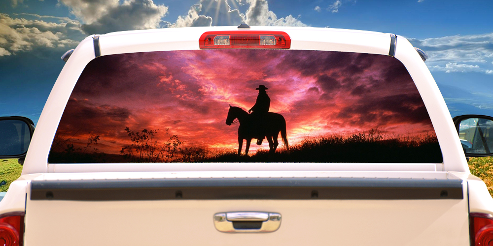 Picture of SignMission P-22-Cowboy Sunset Cowboy Sunset Rear Window Graphic Truck View Thru Vinyl Back Decal