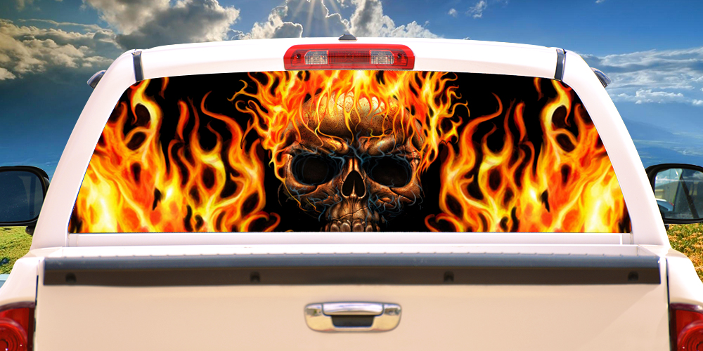 Picture of SignMission P-22-Flaming Skull Flaming Skull Rear Window Graphic Back SUV View Thru Vinyl Truck Decal