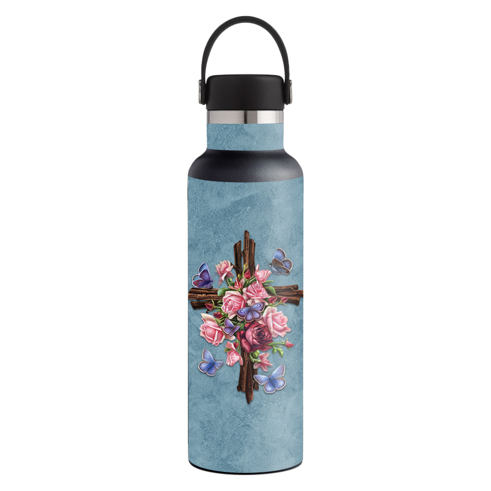 Picture of MightySkins HFST21-Rose Cross Skin for Hydro Flask 21 oz Standard Mouth - Rose Cross