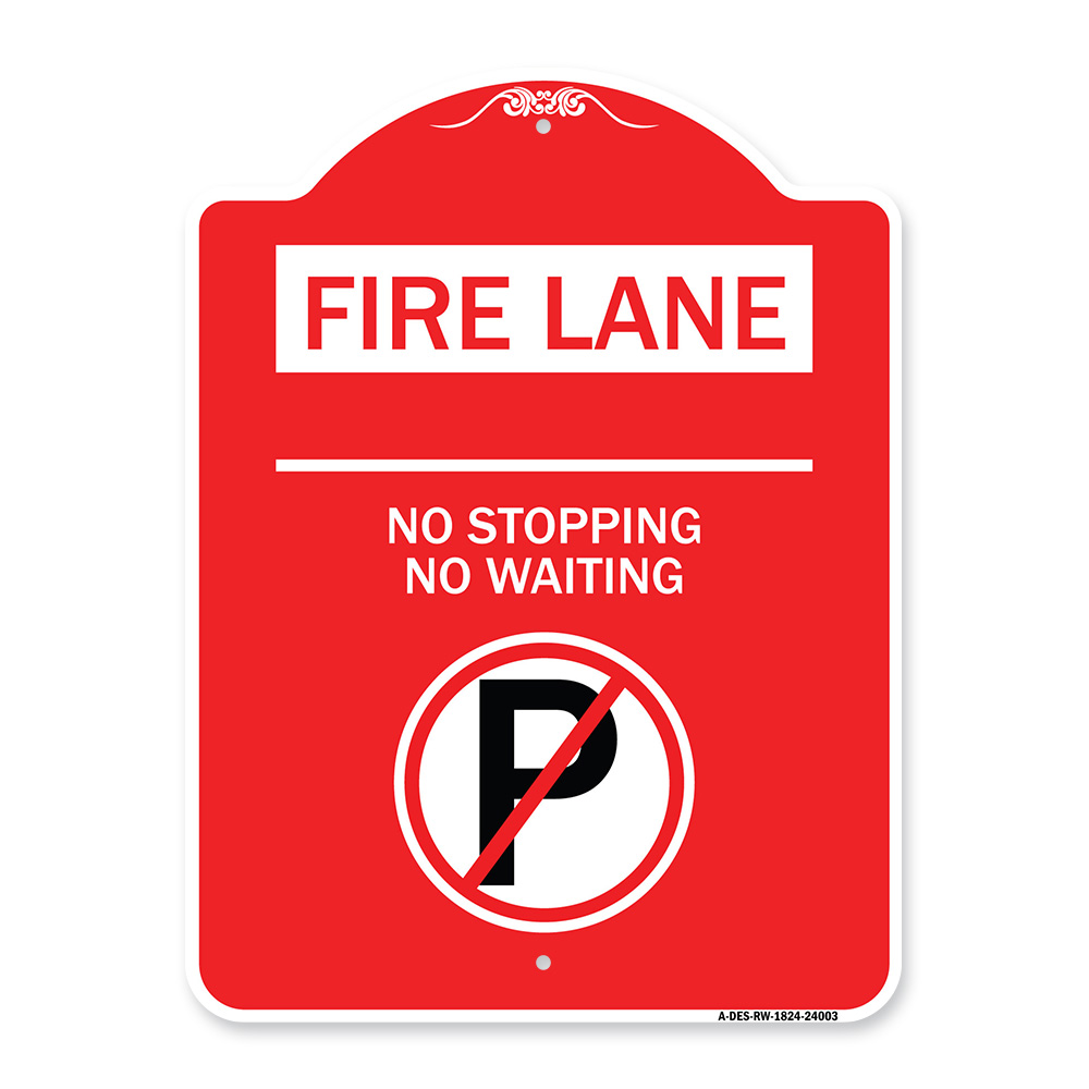 18 x 24 in. Designer Series Sign - Fire Lane No Parking No Waiting with No Parking Symbol, Red & White -  Amistad, AM3915893