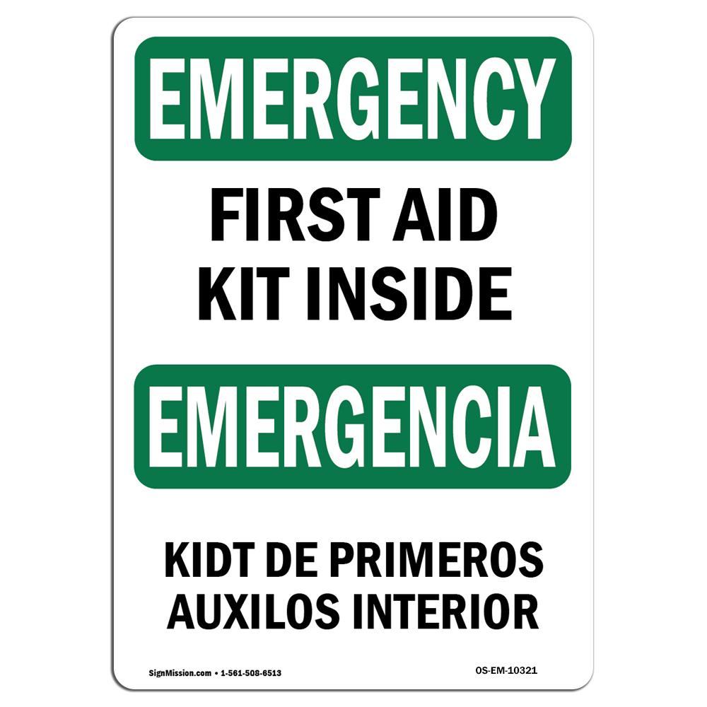 7 x 10 in. OSHA Emergency Sign - First Aid Kit Inside Bilingual -  Amistad, AM3914547