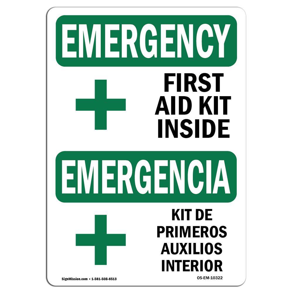7 x 10 in. OSHA Emergency Sign - First Aid Kit Inside Bilingual -  Amistad, AM3902448