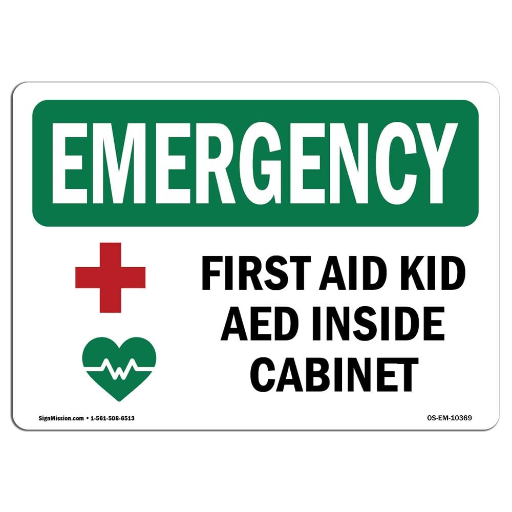 7 x 10 in. OSHA Emergency Sign - First Aid Kit Aed Inside Cabinet with Symbol -  Amistad, AM3913568