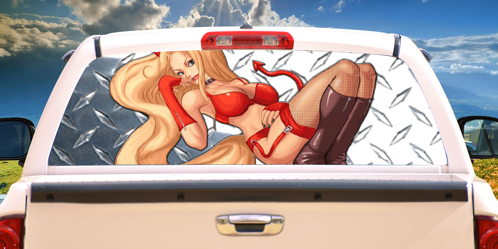 Picture of SignMission P-18-Devil Girl Devil Girl Rear Window Graphic Diamond Plate View Thru Truck Suv Car