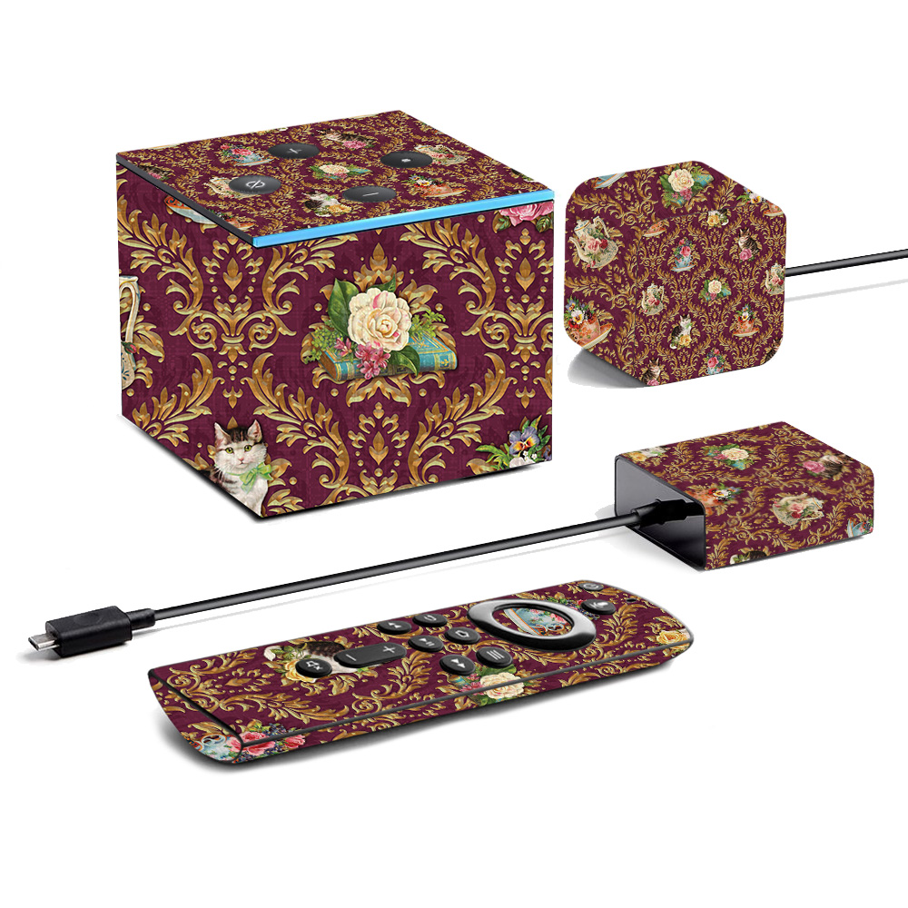 Picture of MightySkins AMFITVCU19-Teatime Cat Damask Skin for Amazon Fire TV Cube 2019 - Teatime Cat Damask