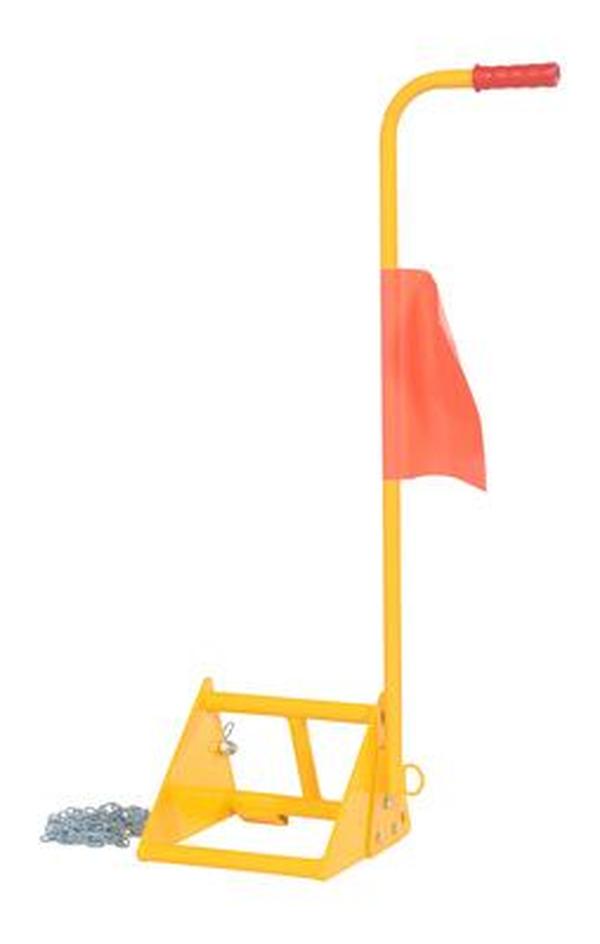 FAB-10-ERGO-FL Fabricated Steel Wheel Chock with Ergonomic Handle & Flag - Yellow