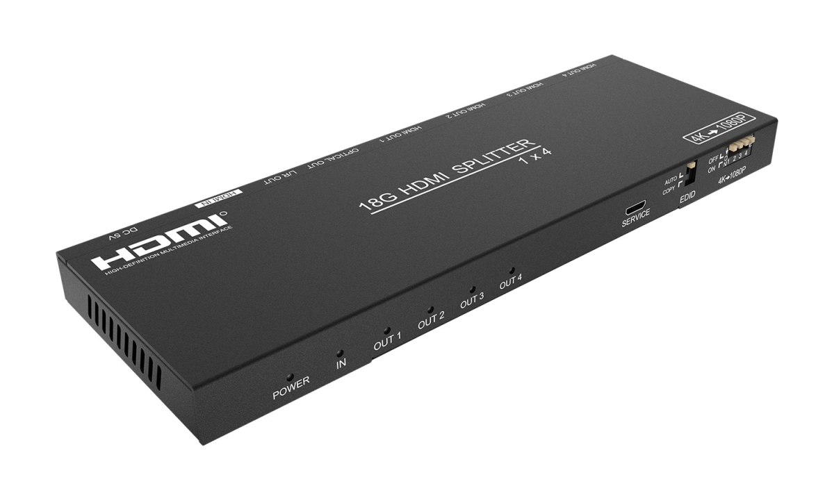 4-Port 4K 60Hz HDMI Splitter with Down-Scaler with Digital & Analog Audio Output, Black