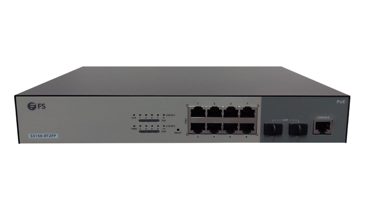 FS S3150-8T2FP 8-Port Fanless Gigabit Managed PoE+ Switch with 2