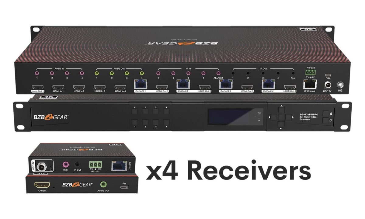 BG-4K-VP44PRO 4x4 4K UHD Seamless HDMI Matrix Switcher & Video Wall Processor & Multi Viewer Over Cat5e & 6 & 7 Kit with 4 Receivers