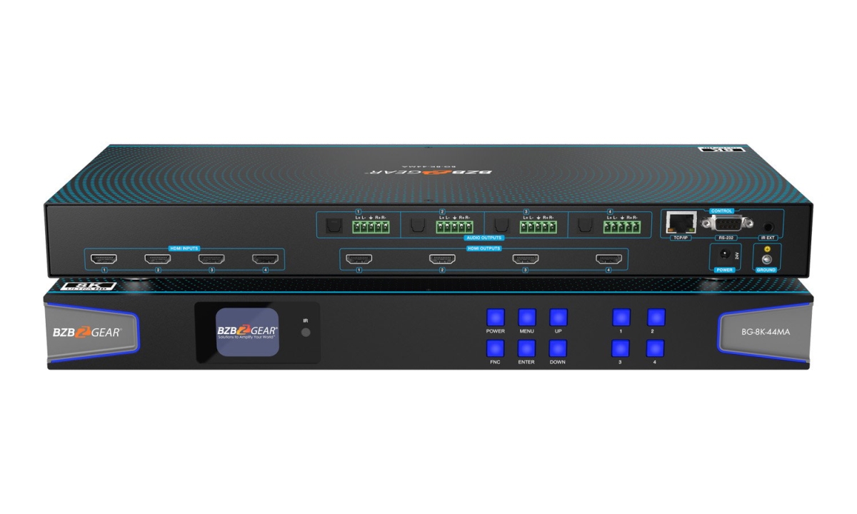 Picture of Bzbgear BG-8K-44MA 4x4 8K UHD HDMI 2.1 Matrix Switcher with Auto Downscaling & Audio De-embedder 8K60 & 4K120 & VRR & FVA & ALLM Support - Black