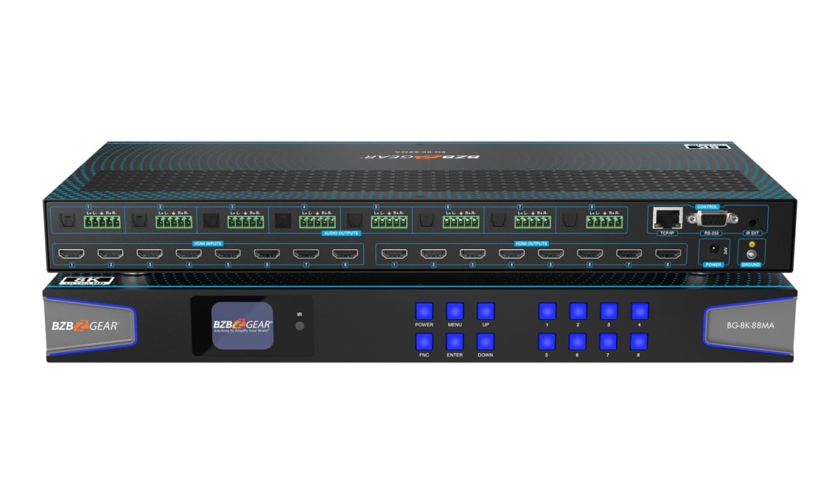 Picture of Bzbgear BG-8K-88MA 8x8 8K UHD HDMI 2.1 Matrix Switcher with Auto Downscaling & Audio De-embedder 8K60 & 4K120 & VRR & FVA & ALLM Support - Black