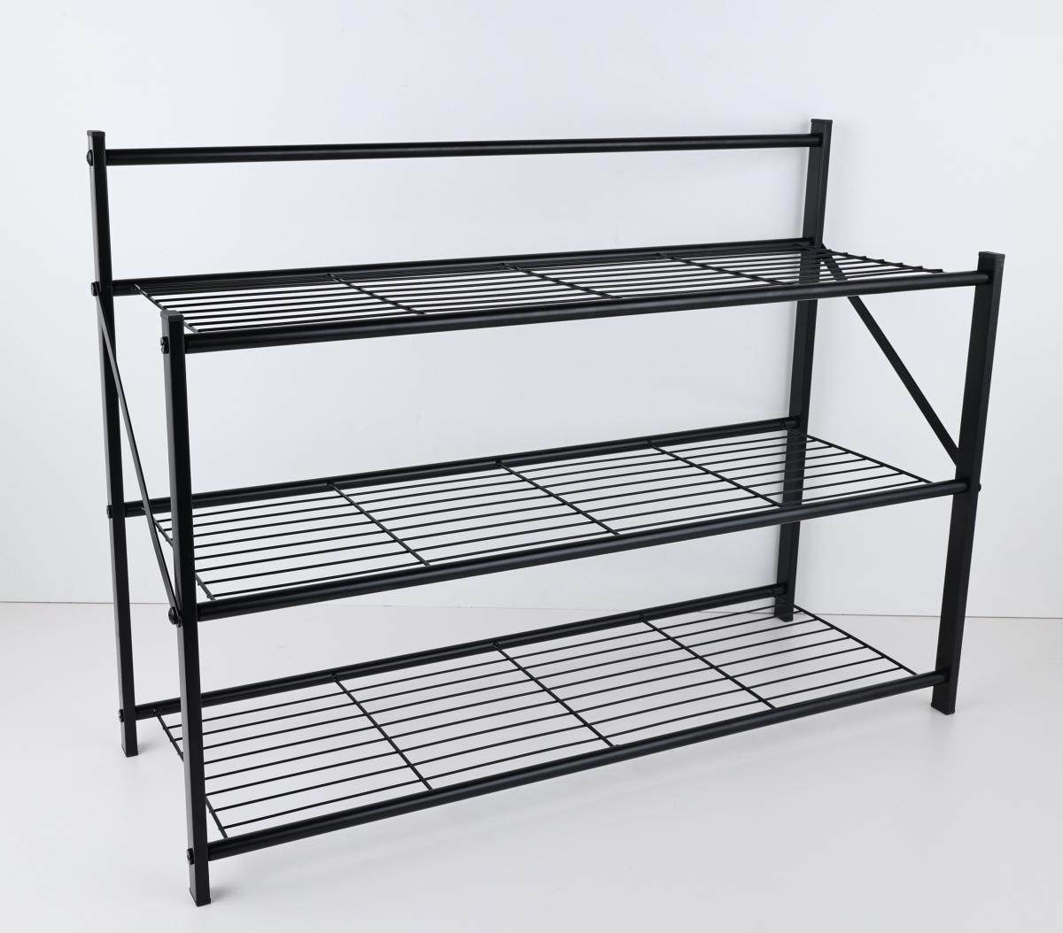 Foldable Metal Shelf & Shoe Rack - Black - 3-Tier - Space Saving Design