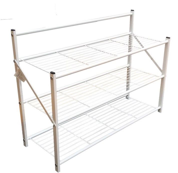 Foldable Metal Shelf & Shoe Rack - White - 3-Tier - Space Saving Design