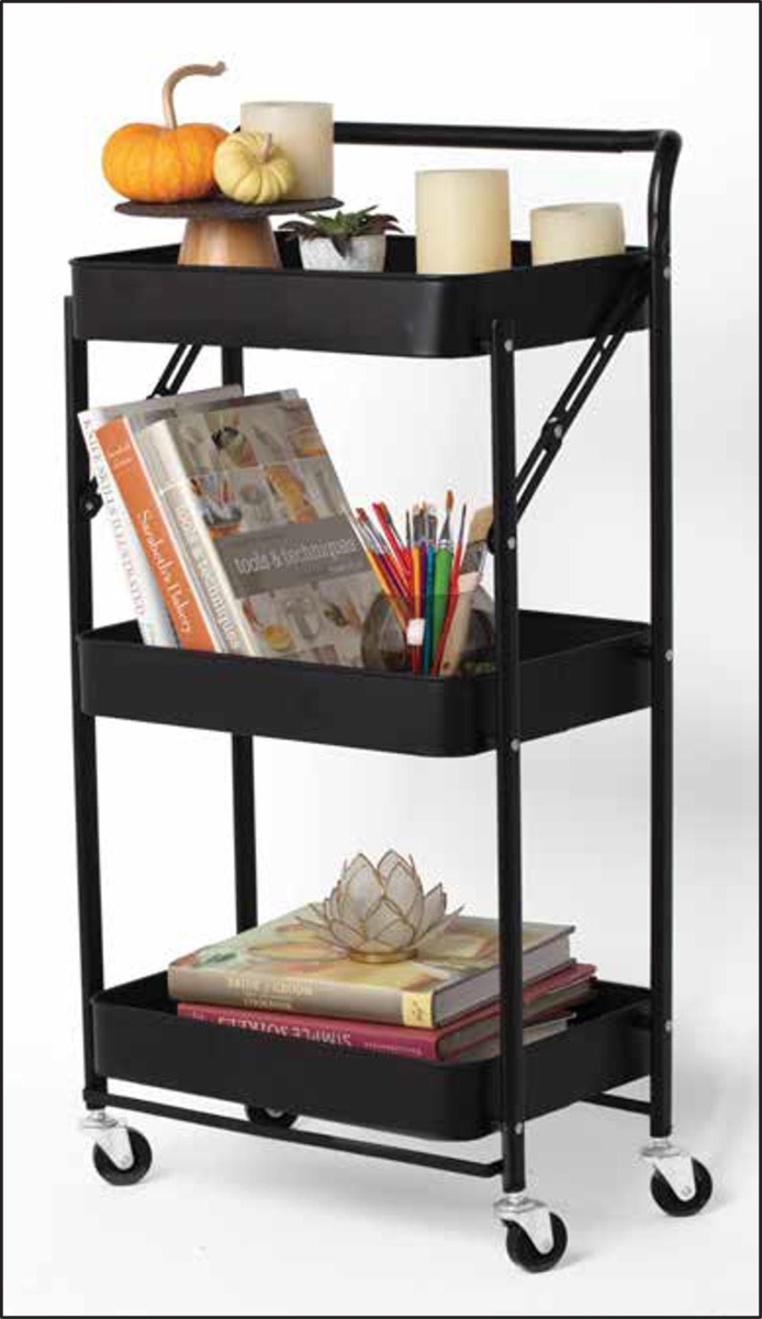 W11T203-B 18 x 12 x 38 in. Foldable Rolling Trolley, Black - 3 Tiers