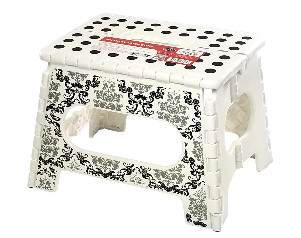 W12S206-6 9 in. Black & Gray Pattern Decal Folding Decorated Step Stool - White