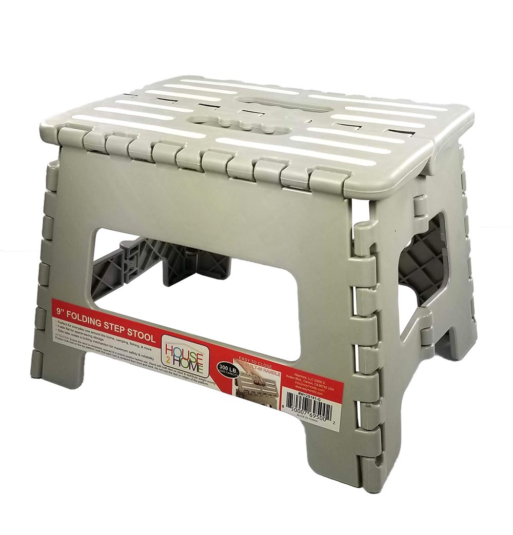 W12S181-G 9 in. Plastic One Step Folding Step Stool - Gray Color & White Grip Stripes