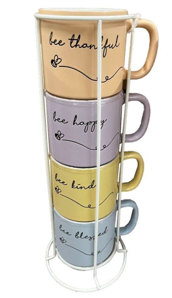 Picture of Marcelle W03M189-1 4 Piece Stackable Bee Mug Set with White Stand - Multi Color