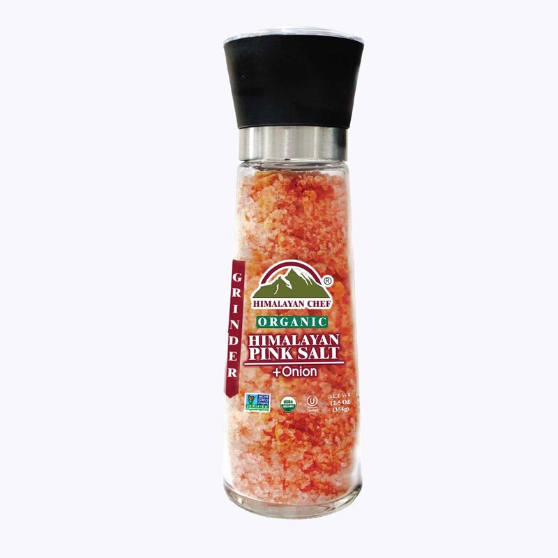 Picture of Himalayan Chef ORG-GR-5113 12.5 oz Onion & Crushed Red Pepper Pink Salt Glass Grinder