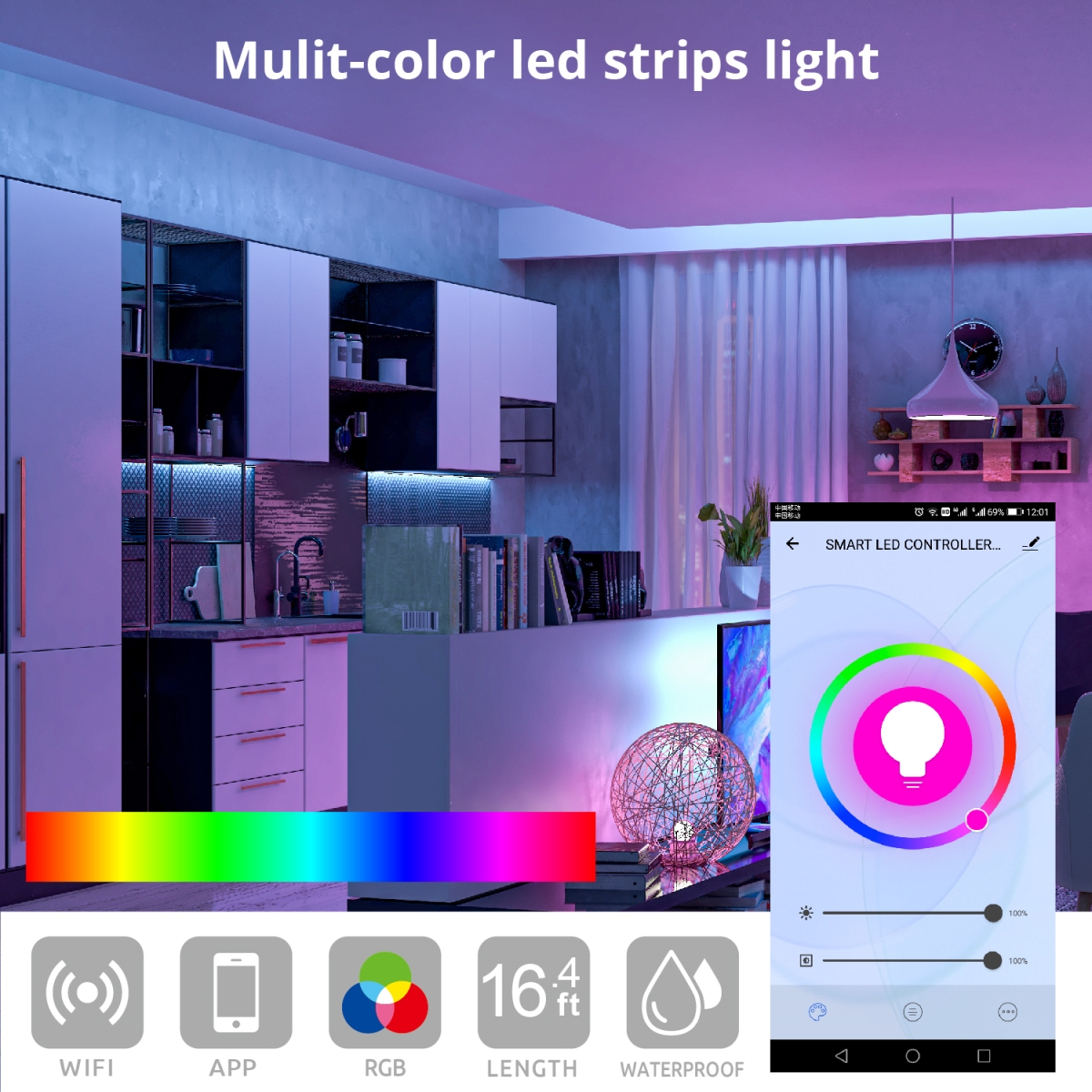 LP-03 Under Cabinet LED Strip Lights - Wifi-App Controlled, Multi Color