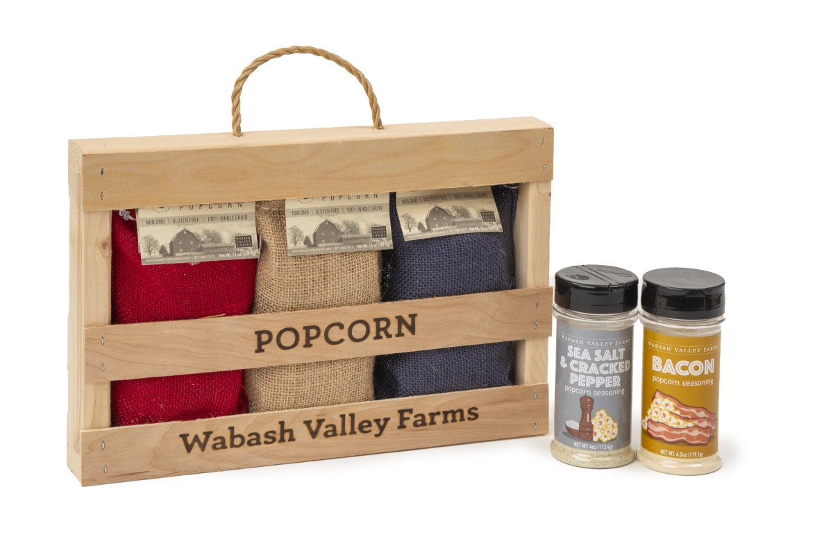 Picture of Wabash Valley Farms  38080-D Triple Kernel Taste Set with Handmade Crate | Too Many Kernels...The Perfect Problem to Have