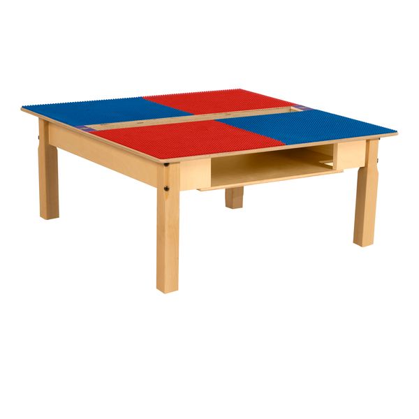 TPSQTS14-SRB Square Play Table with Trough, Shelf & 14 in. Legs & Lego Compatible Grid, Red & Blue
