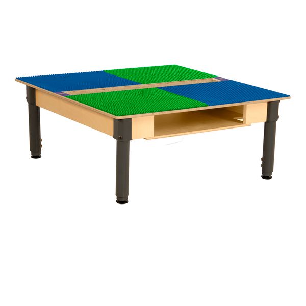 TPSQTSA1217-SBG Square Play Table with Trough, Shelf & Adjustable 12-17 in. Legs & Lego Compatible Grid, Blue & Green
