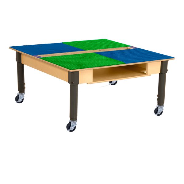 TPSQTSA12C6-SBG Square Play Table with Trough, Shelf & Adjustable 12-18 in. Legs & Lego Compatible Grid - Locking Casters, Blue & Green