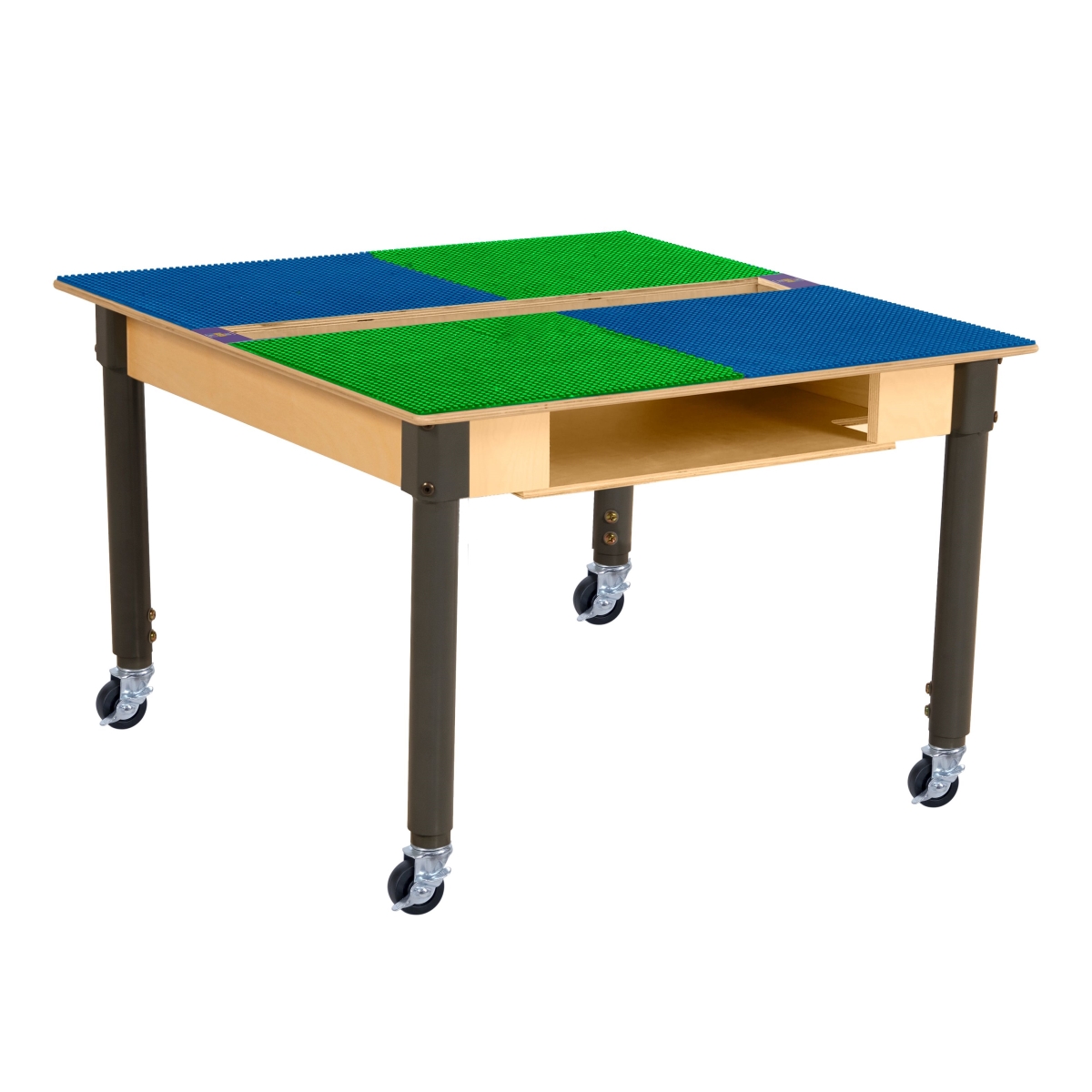 Picture of Time-2-Play TPSQTSA18C6-SBG Square Play Table with Trough&#44; Shelf & Adjustable 18-29 in. Legs & Lego Compatible Grid - Locking Casters&#44; Blue & Green