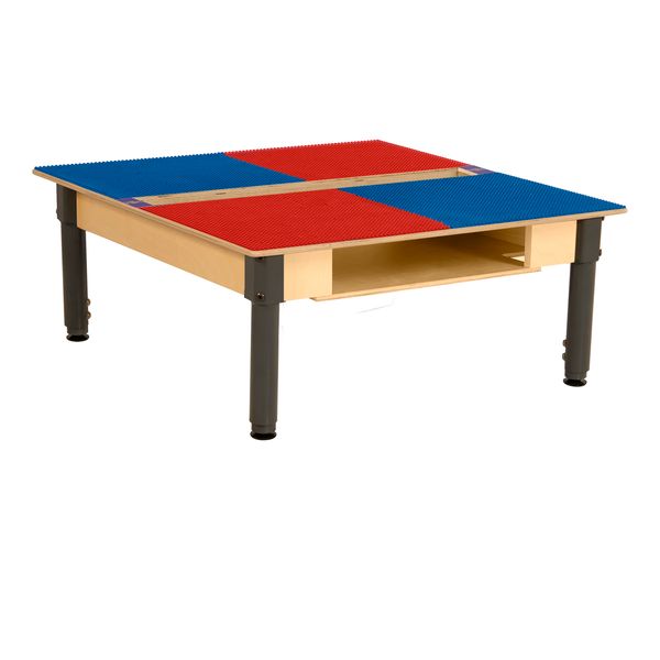 TPSQTSA1217-SRB Square Play Table with Trough, Shelf & Adjustable 12-17 in. Legs & Lego Compatible Grid, Red & Blue