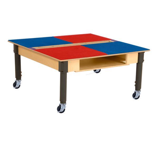TPSQTSA12C6-SRB Square Play Table with Trough, Shelf & Adjustable 12-17 in. Legs & Lego Compatible Grid - Locking Casters, Red & Blue