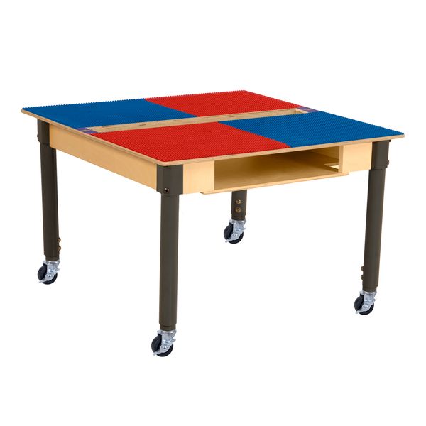 Picture of Time-2-Play TPSQTSA18C6-SRB Square Play Table with Trough&#44; Shelf & Adjustable 18-29 in. Legs & Lego Compatible Grid - Locking Casters&#44; Red & Blue