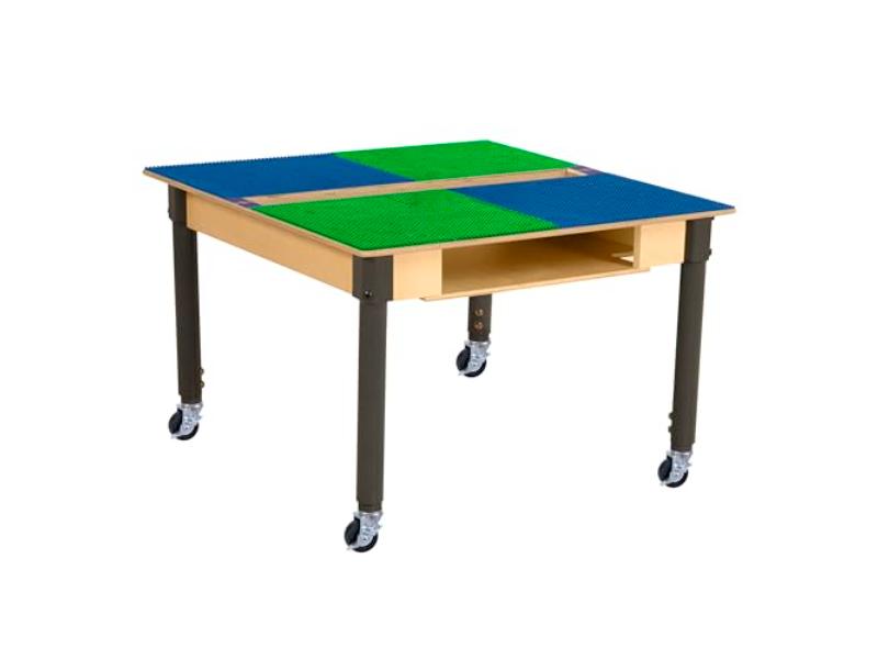 Picture of Time-2-Play TPSQTSA18C6-PBG Square Play Table with Trough&#44; Shelf & Adjustable 18-29 in. Legs & Duplo Compatible Grid - Locking Casters&#44; Blue & Green