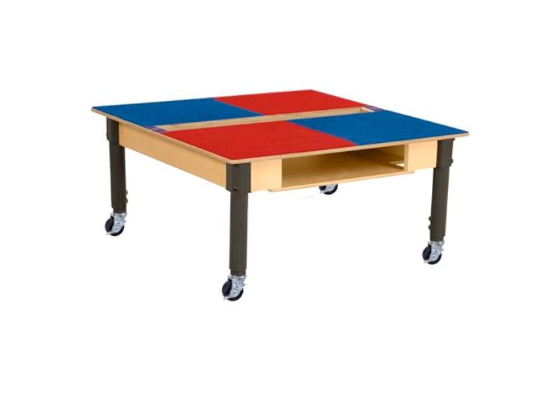 TPSQTSA12C6-PRB Square Play Table with Trough, Shelf & Adjustable 12-17 in. Legs & Duplo Compatible Grid - Locking Casters, Red & Blue