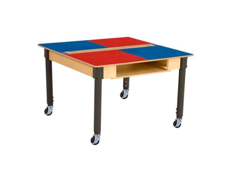 Picture of Time-2-Play TPSQTSA18C6-PRB Square Play Table with Trough&#44; Shelf & Adjustable 18-29 in. Legs & Duplo Compatible Grid - Locking Casters&#44; Red & Blue
