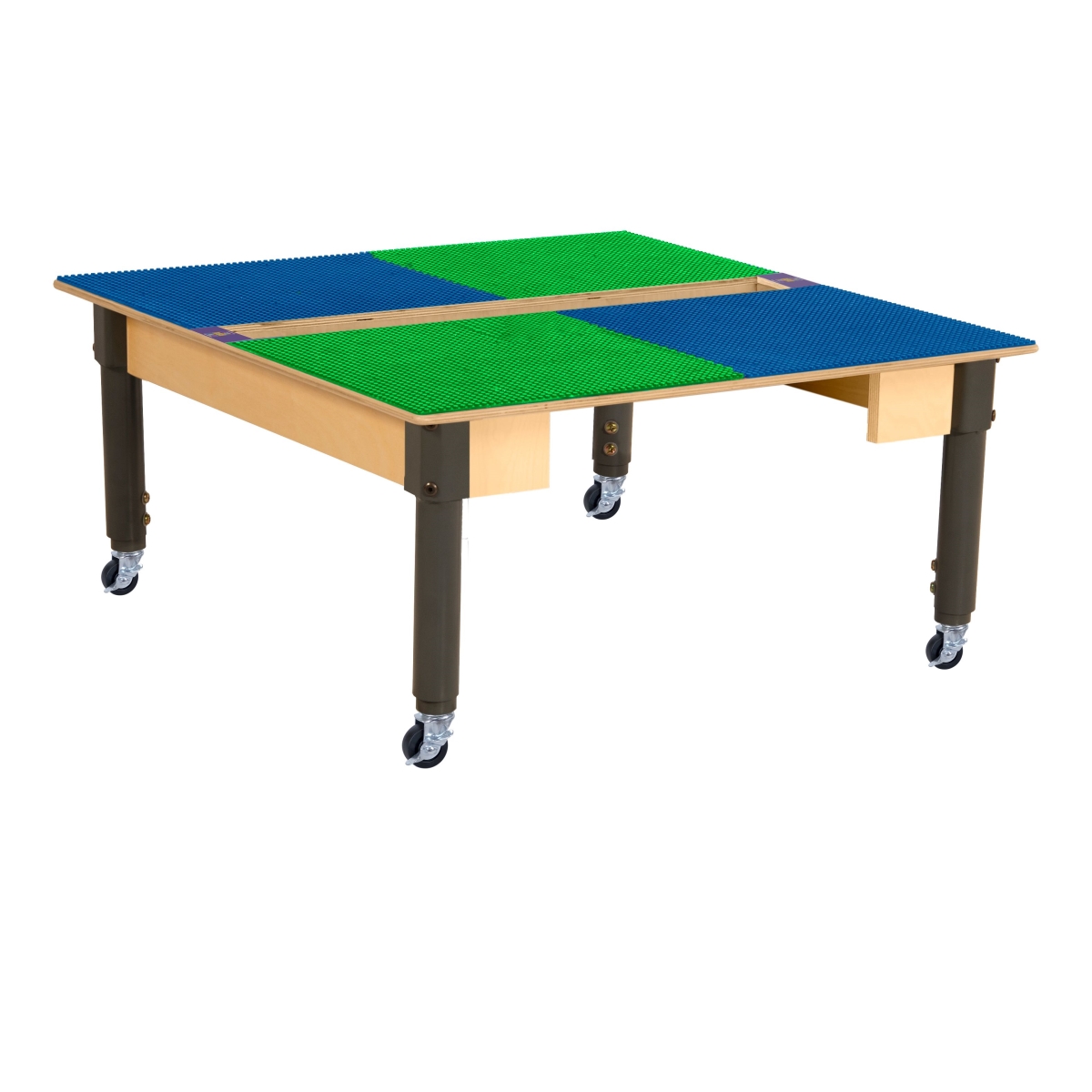 TPSQTA12C6-SBG Square Play Table with Trough & Adjustable 12-18 in. Legs & Lego Compatible Grid - Locking Casters, Blue & Green